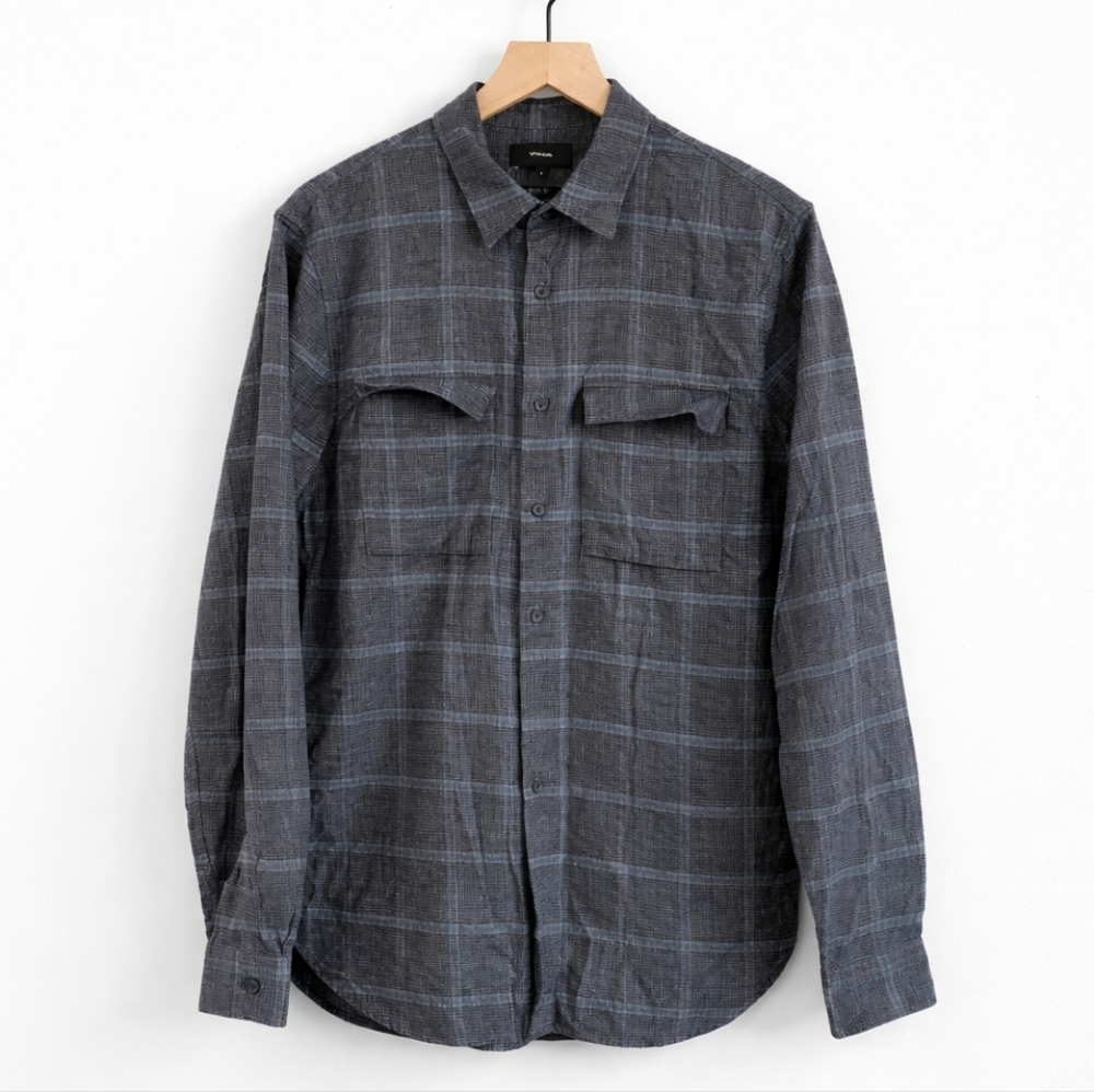 Vince Gray Blue Plaid Button Down Shirt Mens Medium 100% Cotton Flannel